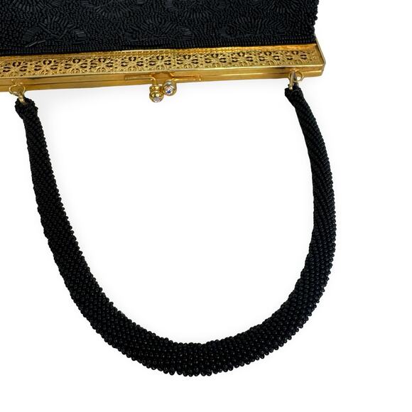 Vintage 1950s Black Beaded Hong Kong Evening Purse Gold Filigree AB Clasp - Picture 11 of 16